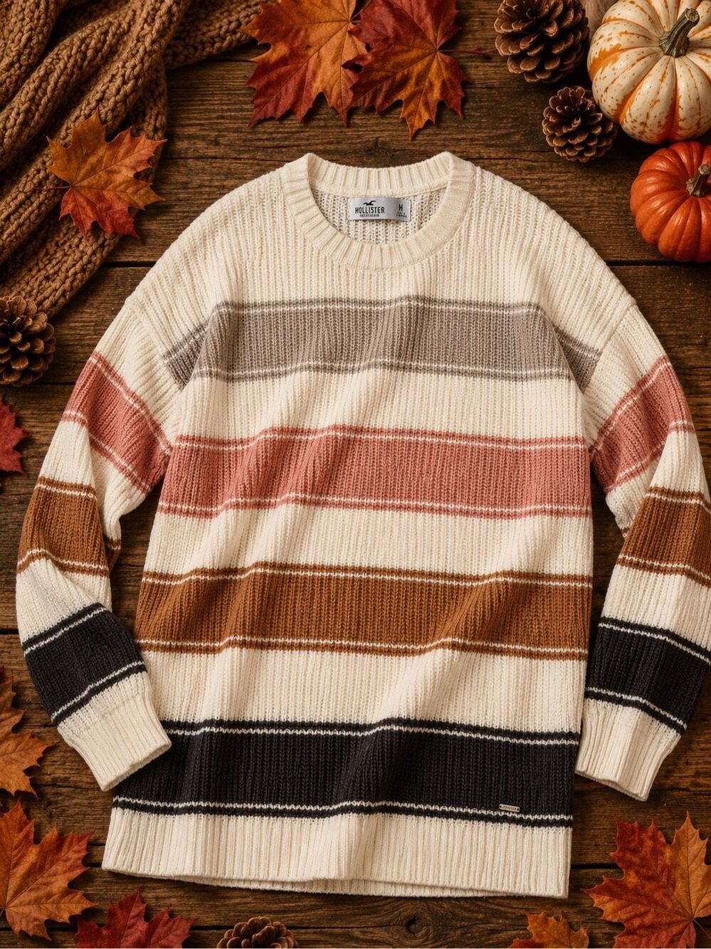 Hollister Oversized Striped Knit Sweater Women’s M Fits Like L XL Cozy Fall Pull